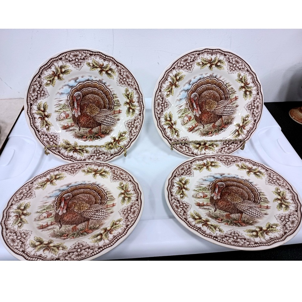 Victorian English Pottery Turkey Dinner Plates Set of 4 Thanksgiving 10in